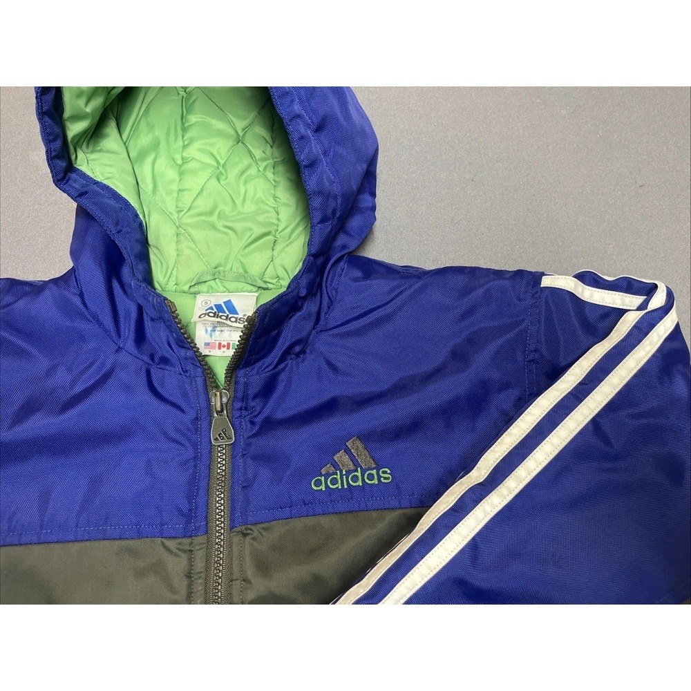 Adidas Youth Coat Hooded Vintage 3 stripe Size Small‎ Y2K Blue Green Liner